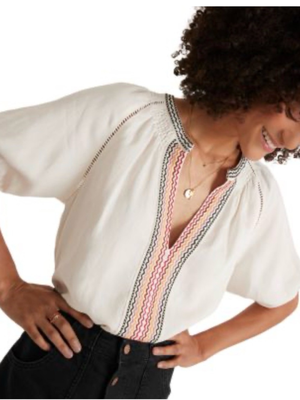 Marine Layer Cream Peasant Blouse with Multicolor Embroidered Trim